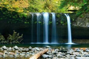 Catarata en bosque húmedo con poza verde, ambiente de Gocta cerca de Chachapoyas, Perú