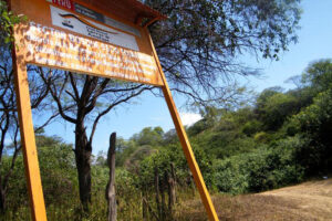 Parque Nacional Cerros de Amotape: letrero de madera de entrada del parque junto a un camino de tierra, con árboles del bosque seco y cielo azul