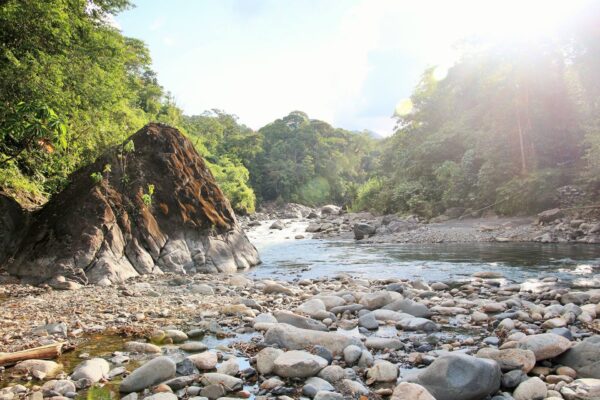 Parque Nacional del Manu: río de aguas claras con orillas de piedras redondas, una gran roca a la izquierda y bosque verde denso a ambos lados