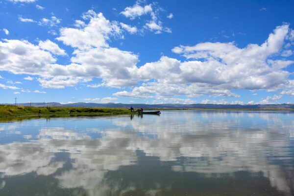 Reserva Nacional de Junín: el lago Chinchaycocha en calma refleja nubes blancas y cielo azul, con una orilla baja de pastos y un bote pequeño a lo lejos